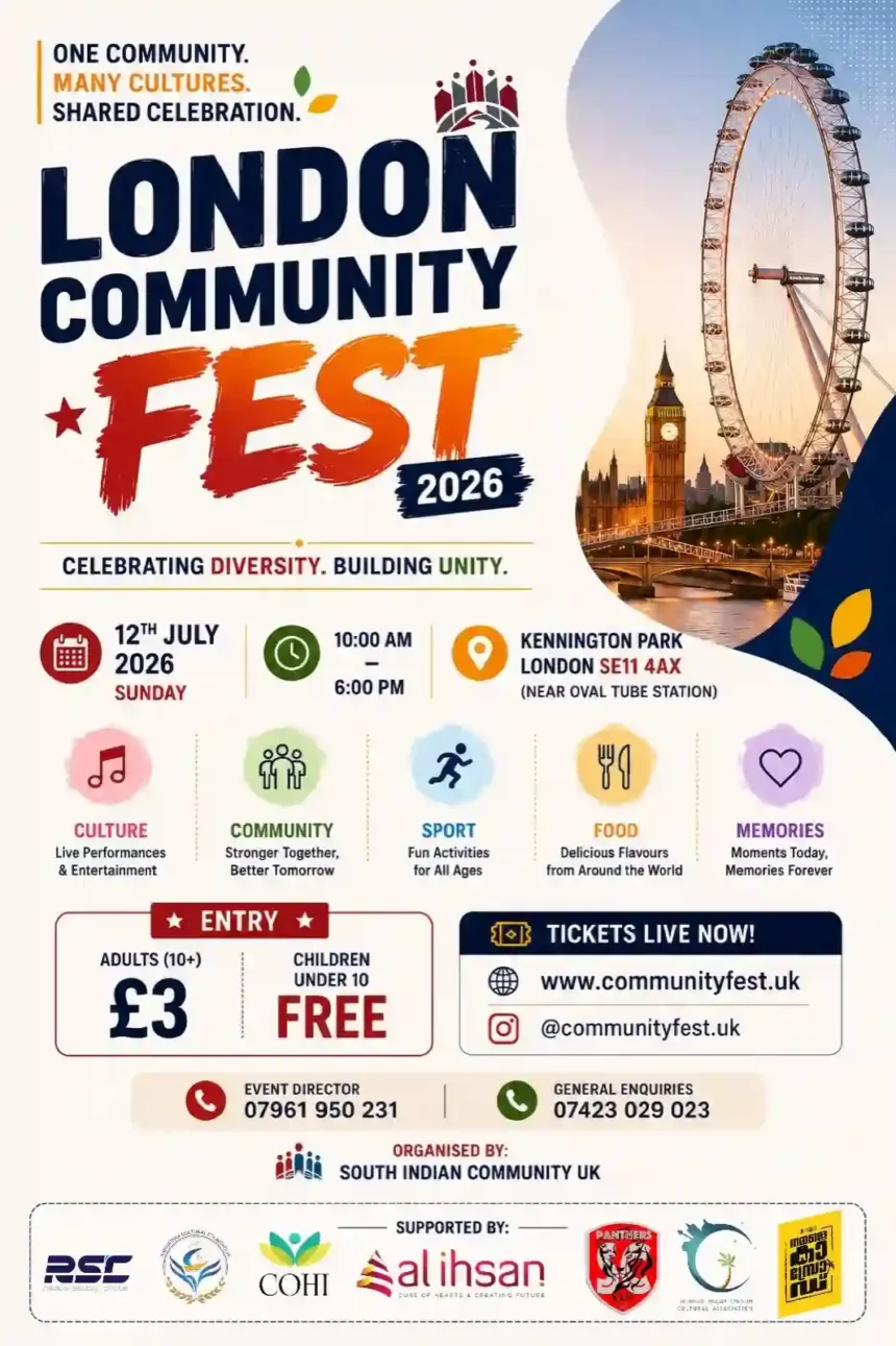 South Indian Community UK announces London Community Fest 2026 — One Community. Many Cultures. Shared Celebration 1 South Indian Community UK announces London Community Fest 2026 — One Community. Many Cultures. Shared Celebration